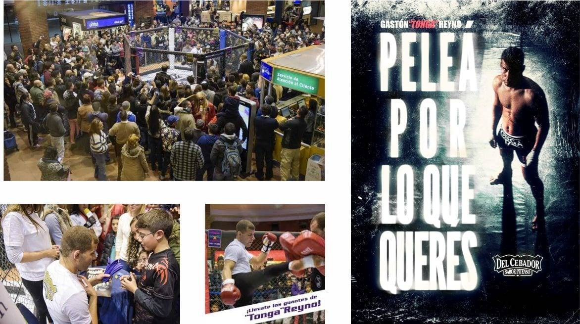 Collage de la exhibición de MMA en Shopping Tres Cruces: la multitud alrededor del ring, Tonga firmando autógrafos y el afiche «Peleá por lo que querés»