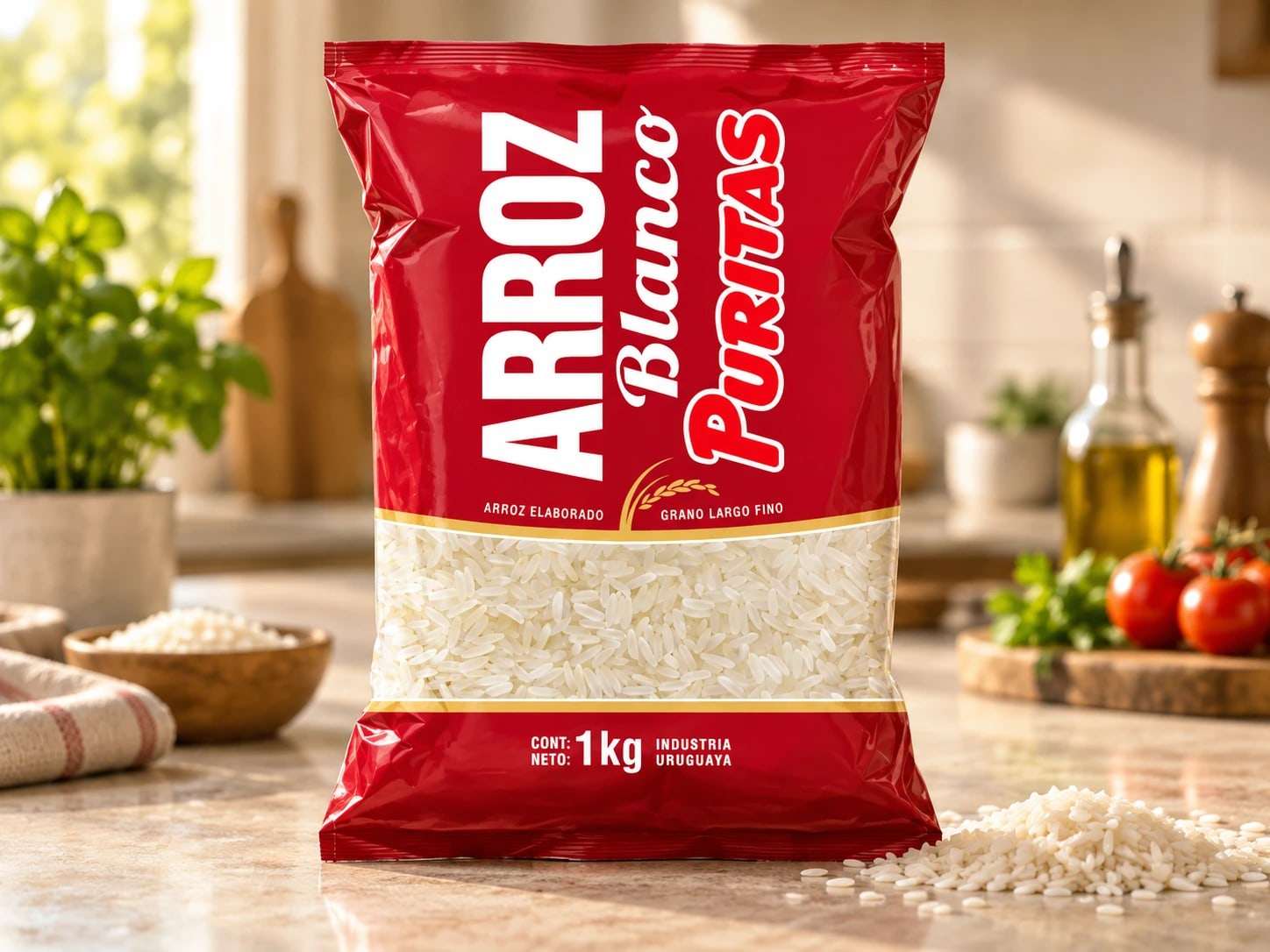 Bolsa de Arroz Blanco Puritas de 1 kg sobre una mesada de cocina luminosa, con un bowl de madera con arroz, tomates, aceite de oliva y albahaca al fondo