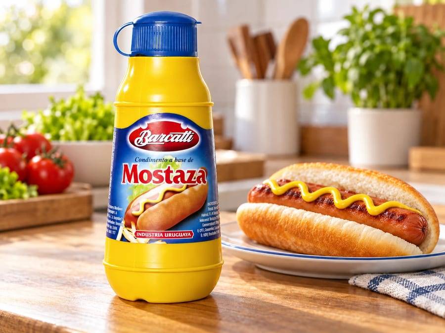 Frasco de mostaza Barcatti junto a un pancho, en una cocina luminosa