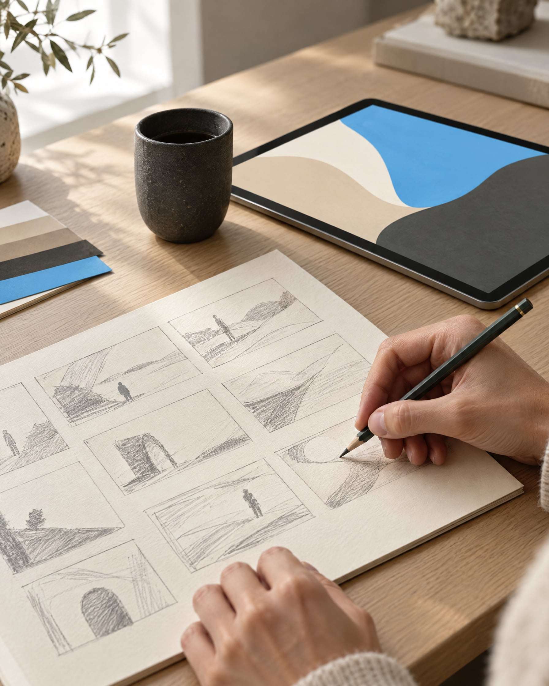 Primer plano de una mano dibujando un storyboard a lápiz junto a una tablet con formas abstractas en celeste