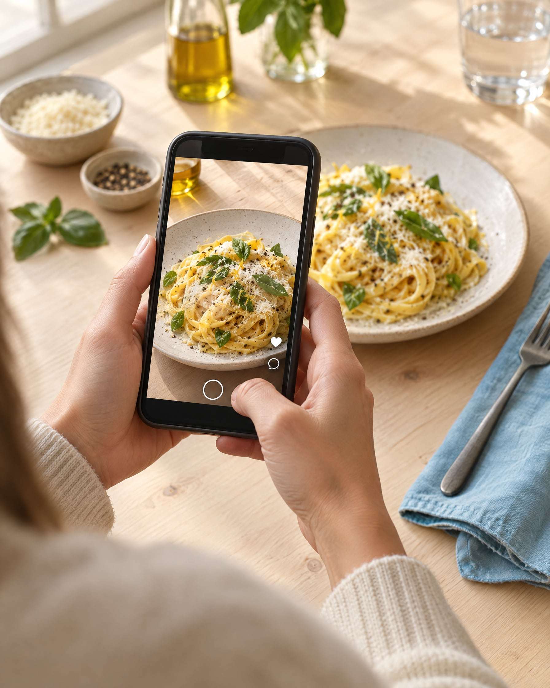Primer plano de las manos de una creadora de contenido filmando con el celular un plato de pasta sobre una mesa de madera