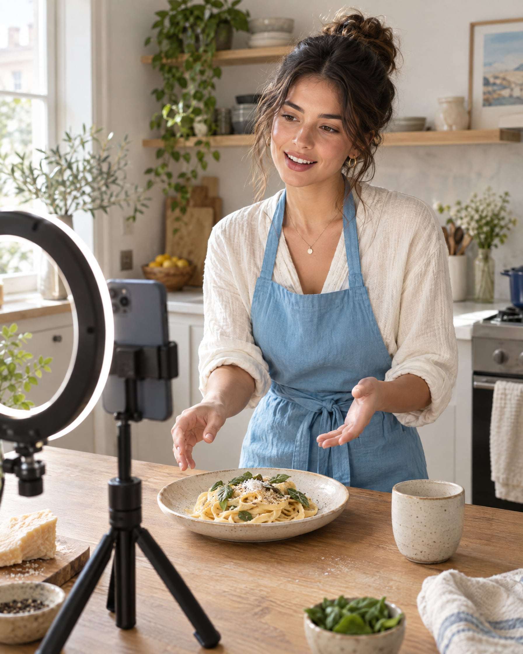Una creadora de contenido en una cocina luminosa, con delantal celeste, presenta un plato de pasta frente a un celular en un trípode con aro de luz
