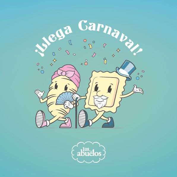 Posteo ilustrado: dos ravioles con sombrero festejan Carnaval