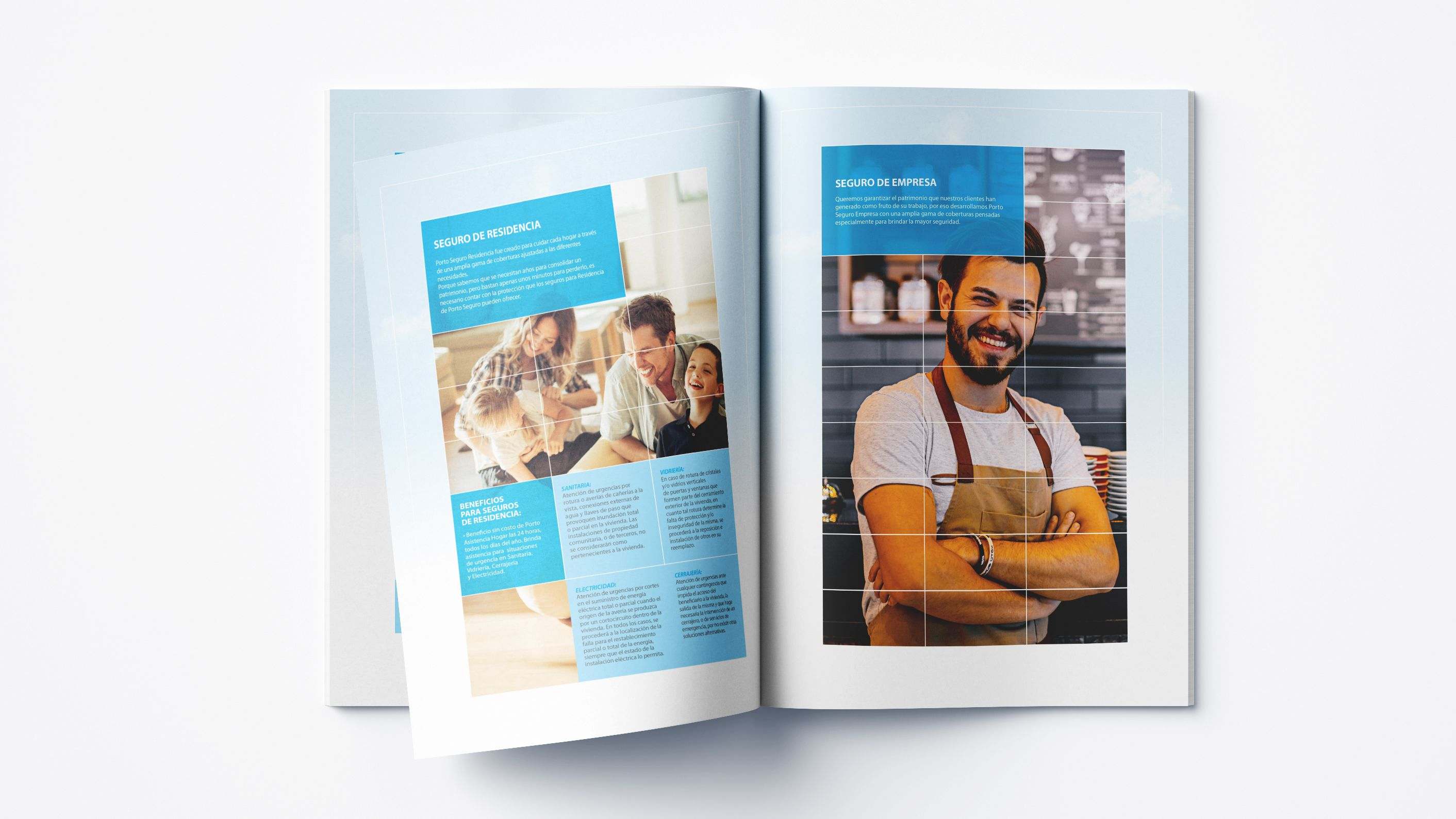 Página interior del brochure de Porto Seguro con fotos de familias y un panadero