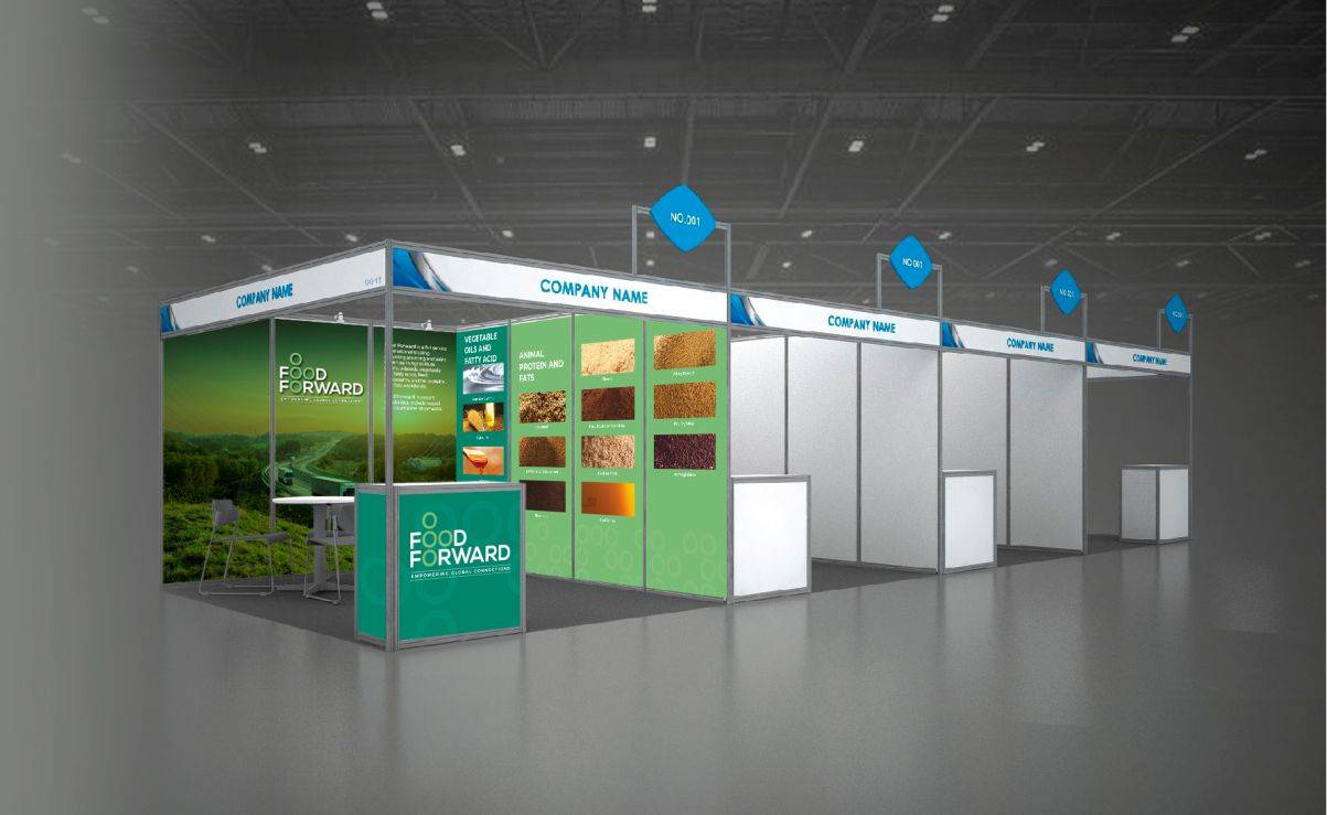 Render de un stand verde y blanco para Food Forward