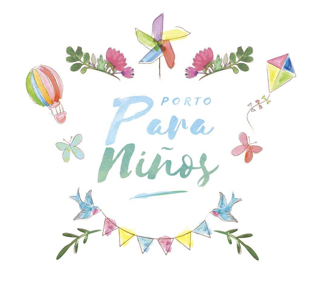 Logotipo ilustrado de Porto para niños con globos, flores y guirnaldas