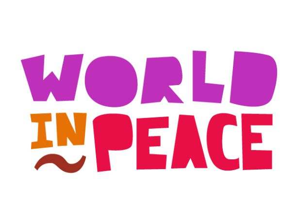 Logotipo tipográfico de World in Peace en violeta y amarillo