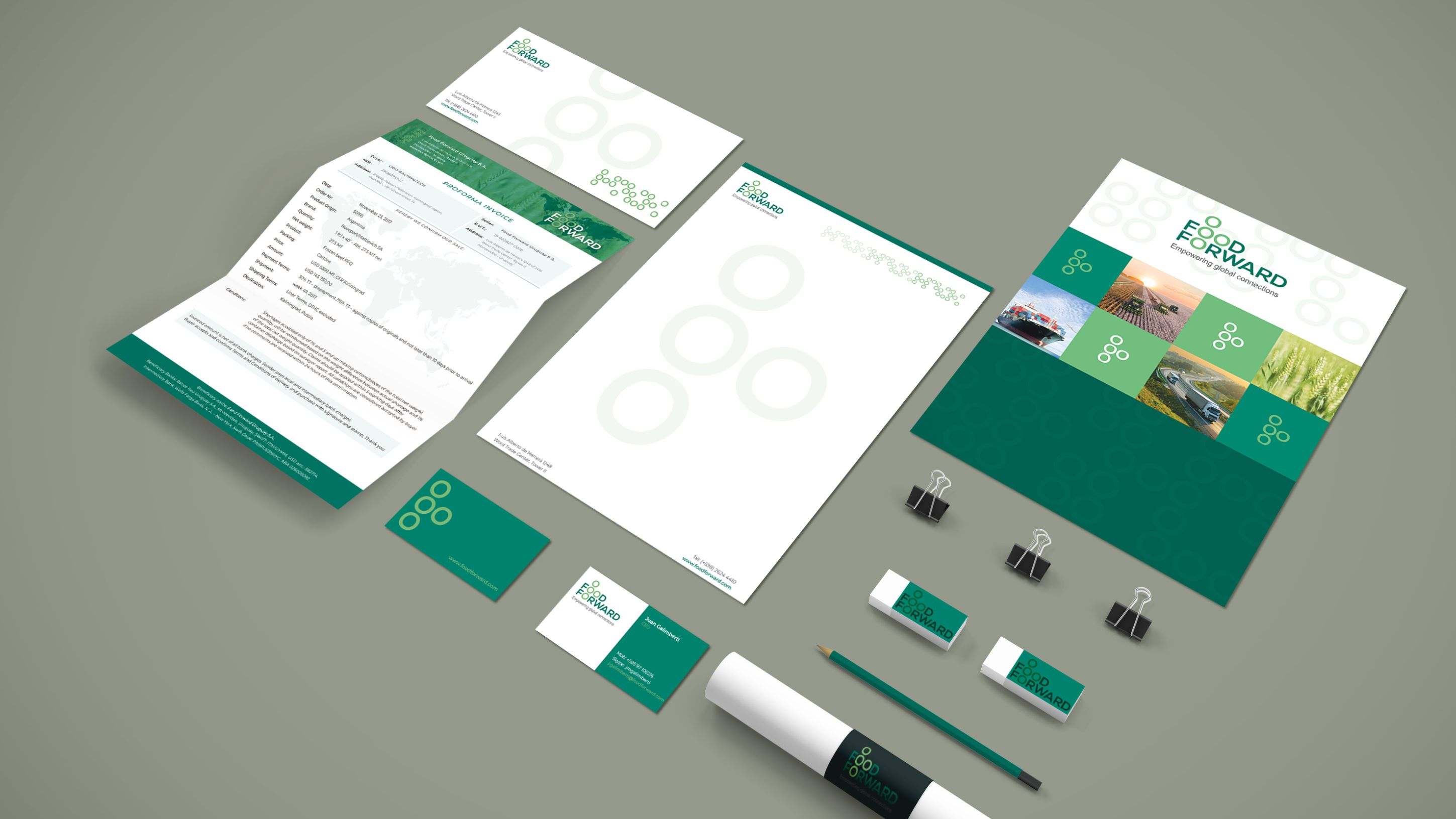 Papelería de Food Forward: hojas, tarjetas y sobres con la marca verde