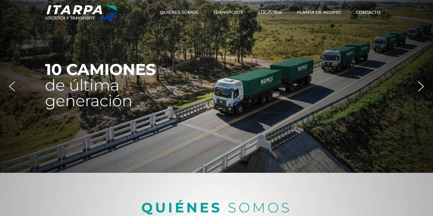 Captura del sitio web de Itarpa con camiones sobre un puente y el texto «10 camiones de última generación»