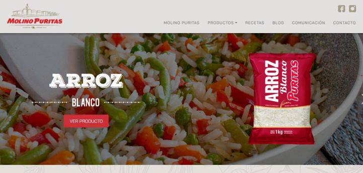 Captura del sitio web de Molino Puritas con la ficha de arroz blanco y el paquete del producto