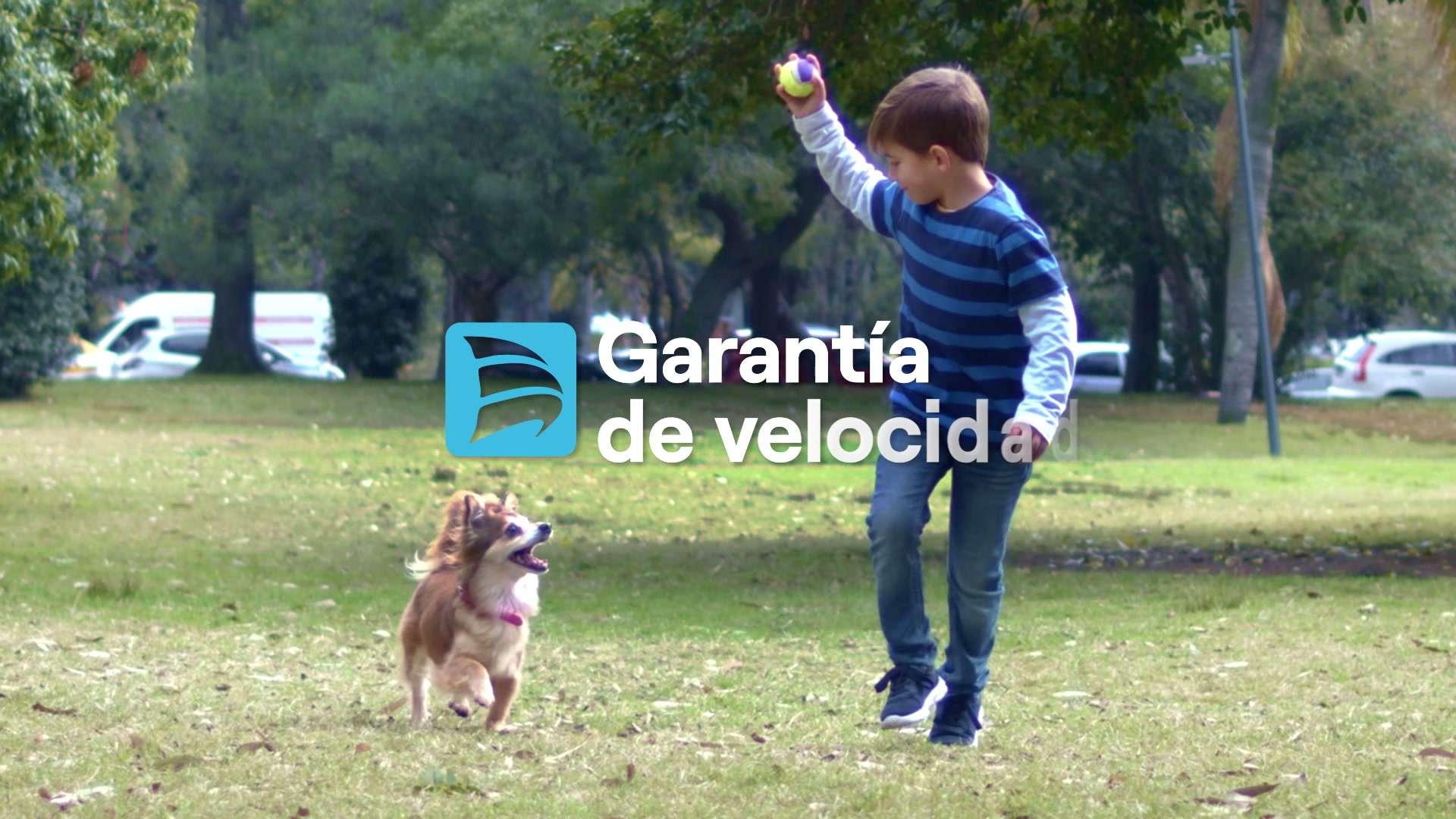 Niño tirando una pelota a su perro en un parque, con el texto «Garantía de velocidad»