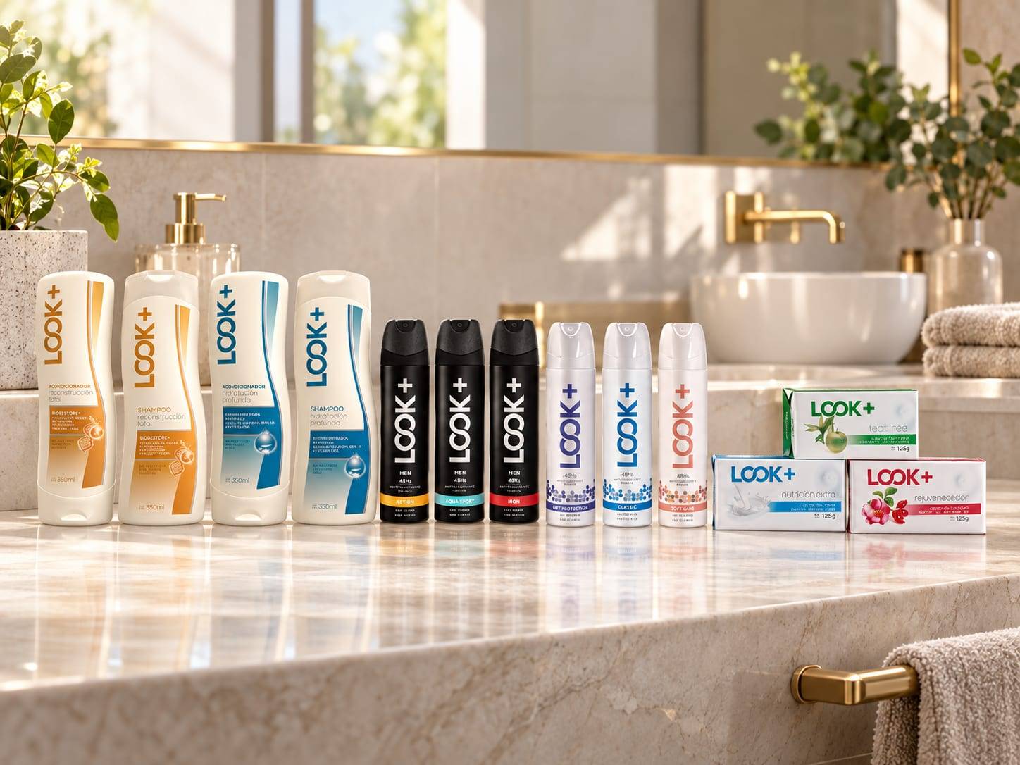 Línea de productos de cuidado personal Look+ sobre una mesada de baño de mármol