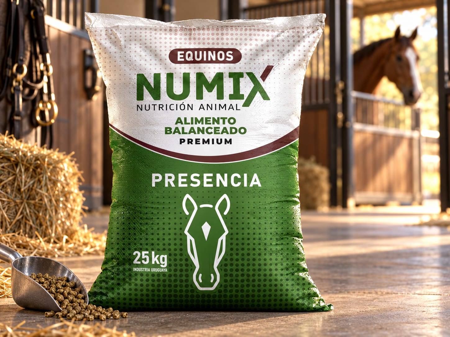 Bolsa de alimento Numix Equinos «Presencia» de 25 kg en una caballeriza, con un caballo al fondo