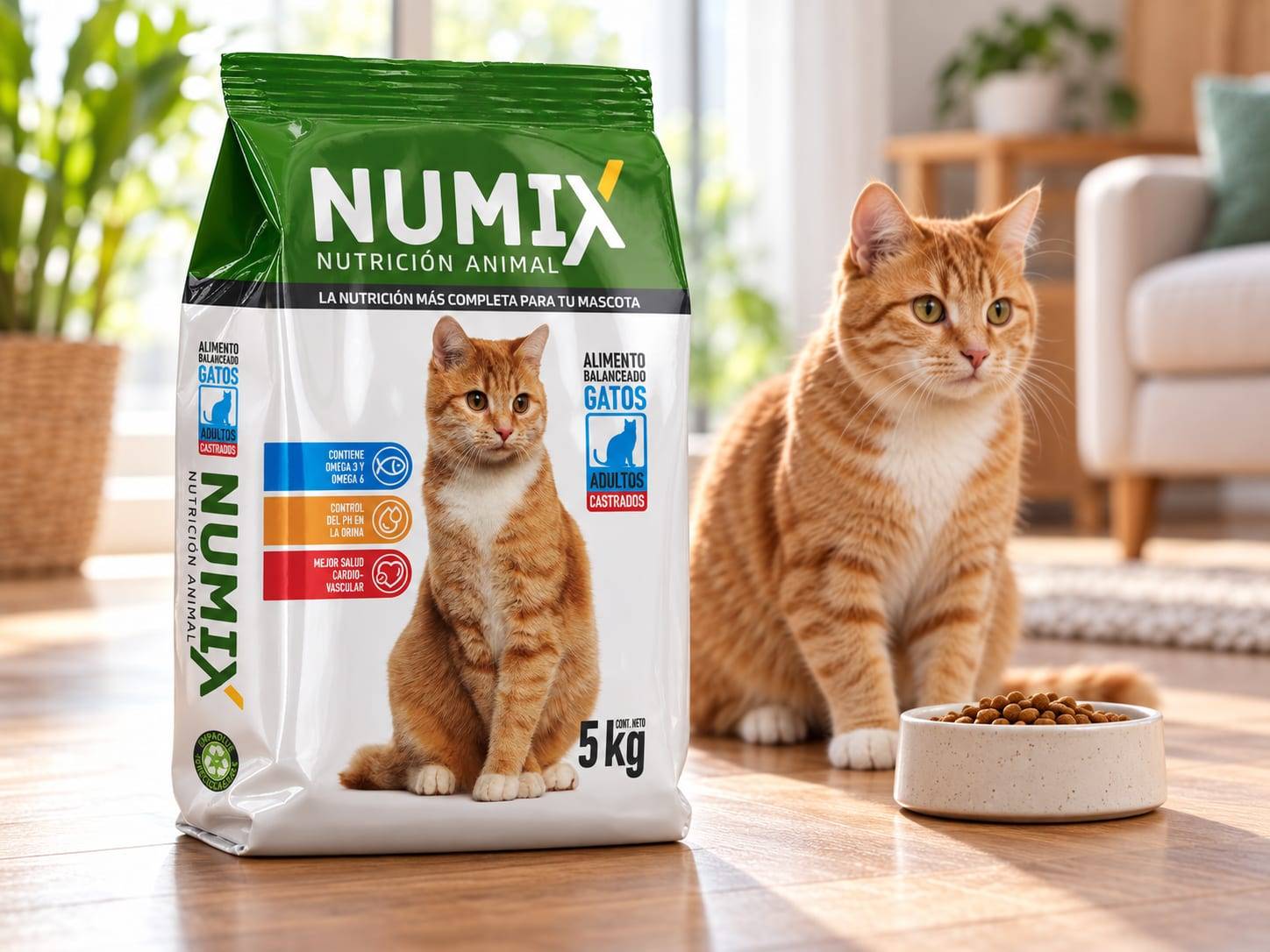 Bolsa Numix para gato adulto castrado de 5 kg junto a un gato naranja y un cuenco