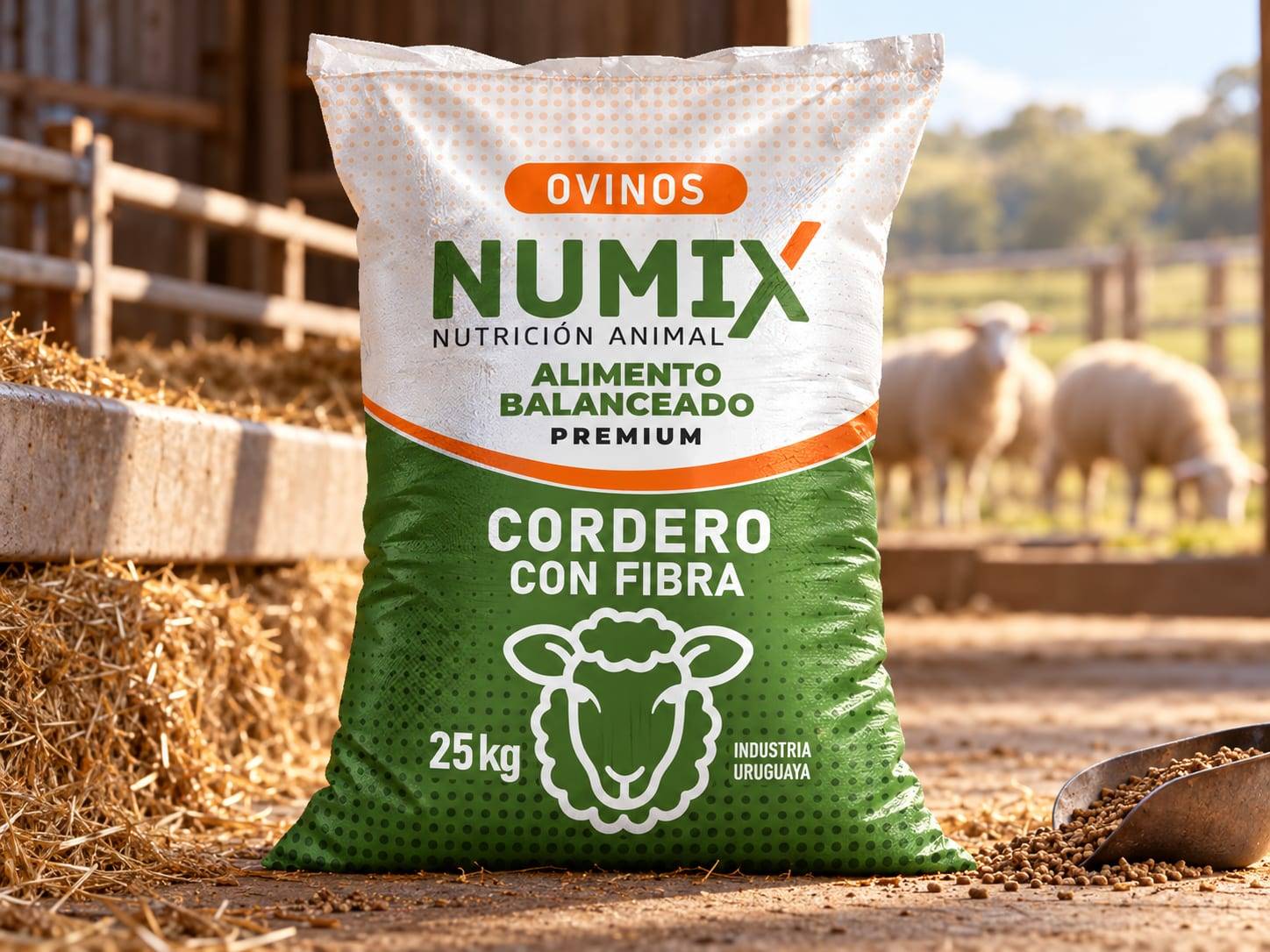 Bolsa de alimento Numix Ovinos «Cordero con fibra» de 25 kg sobre paja, con ovejas al fondo
