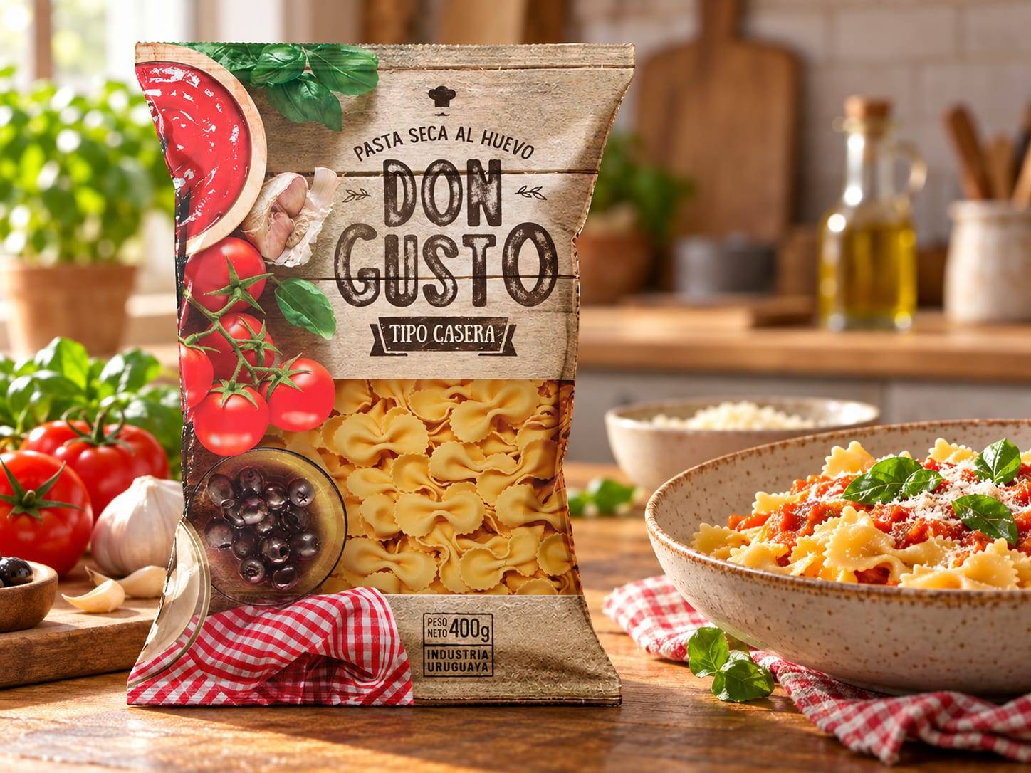 Paquete de pasta seca Don Gusto junto a un plato de pasta con tomates