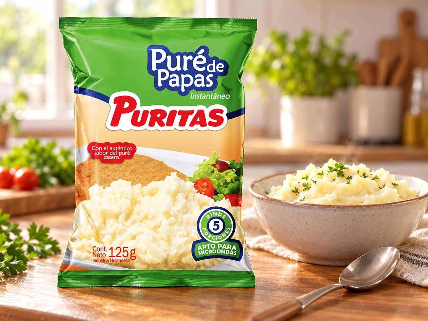 Paquete de Puré de papas Puritas junto a un bowl de puré en una cocina luminosa