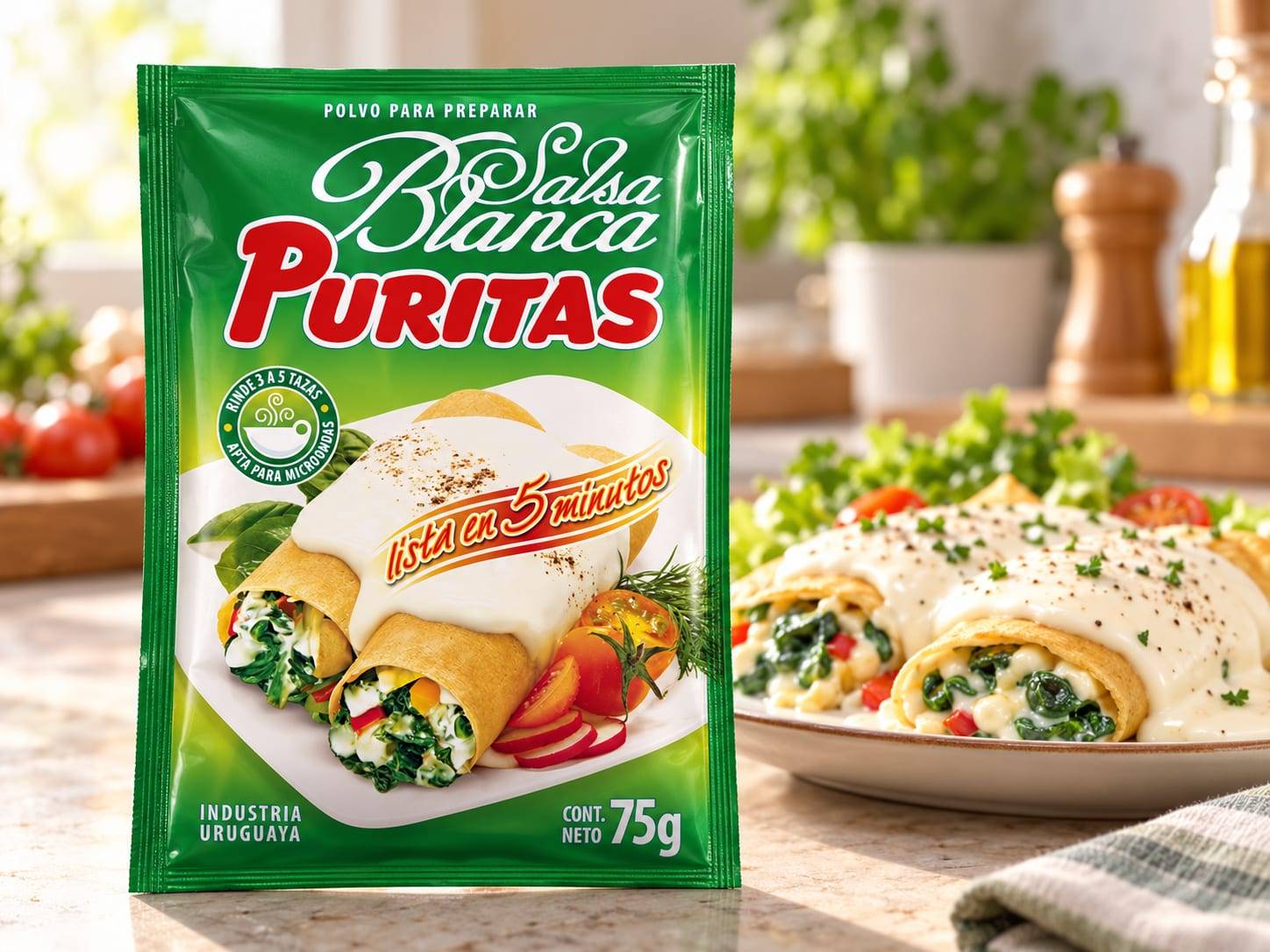 Sobre de Salsa Blanca Puritas junto a un plato de panqueques con salsa blanca y espinaca