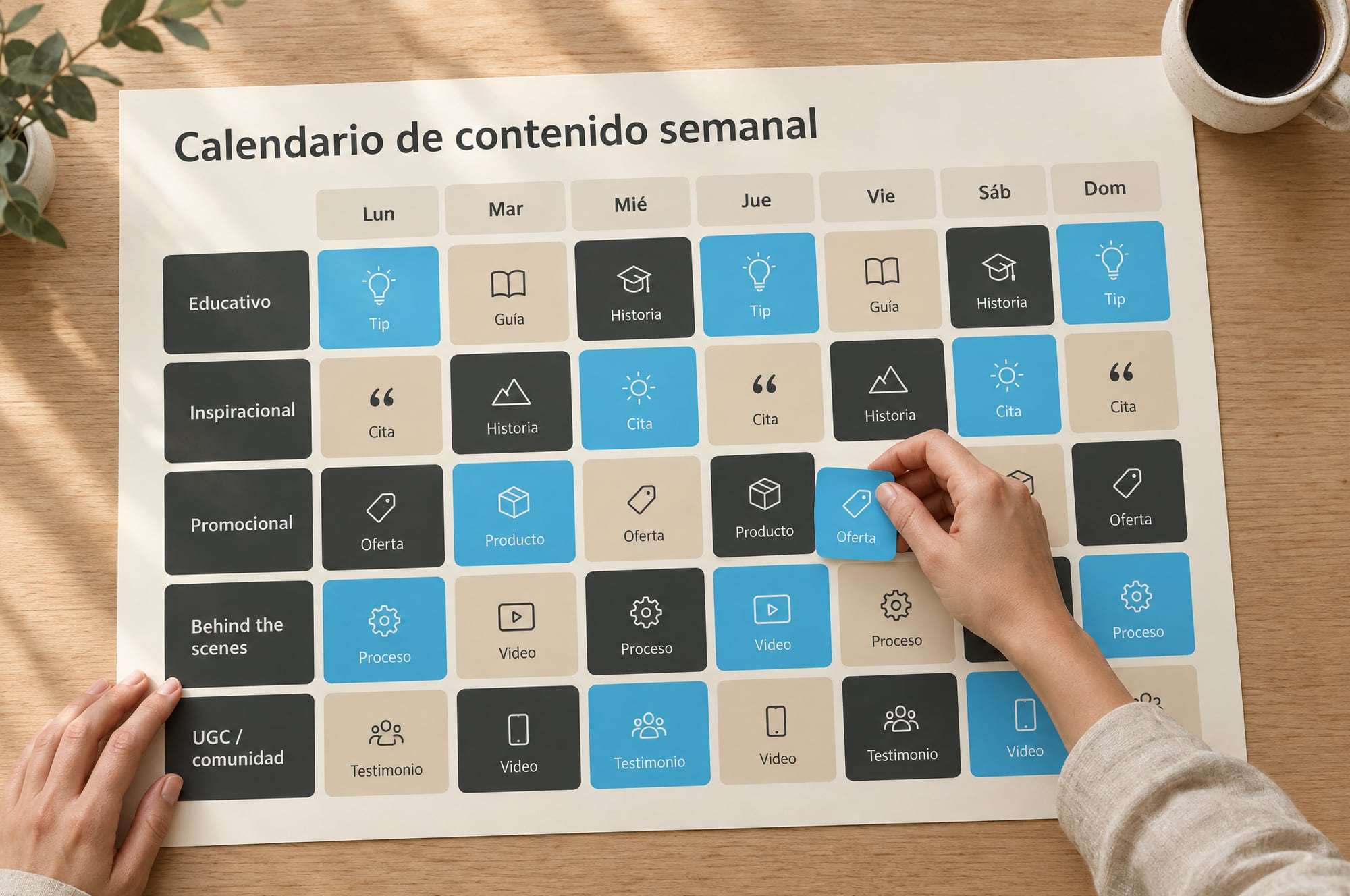 Calendario semanal de contenido para redes, en una grilla de Lunes a Domingo con tipos de contenido como tip, historia, oferta, proceso y testimonio, mientras una mano coloca una pieza