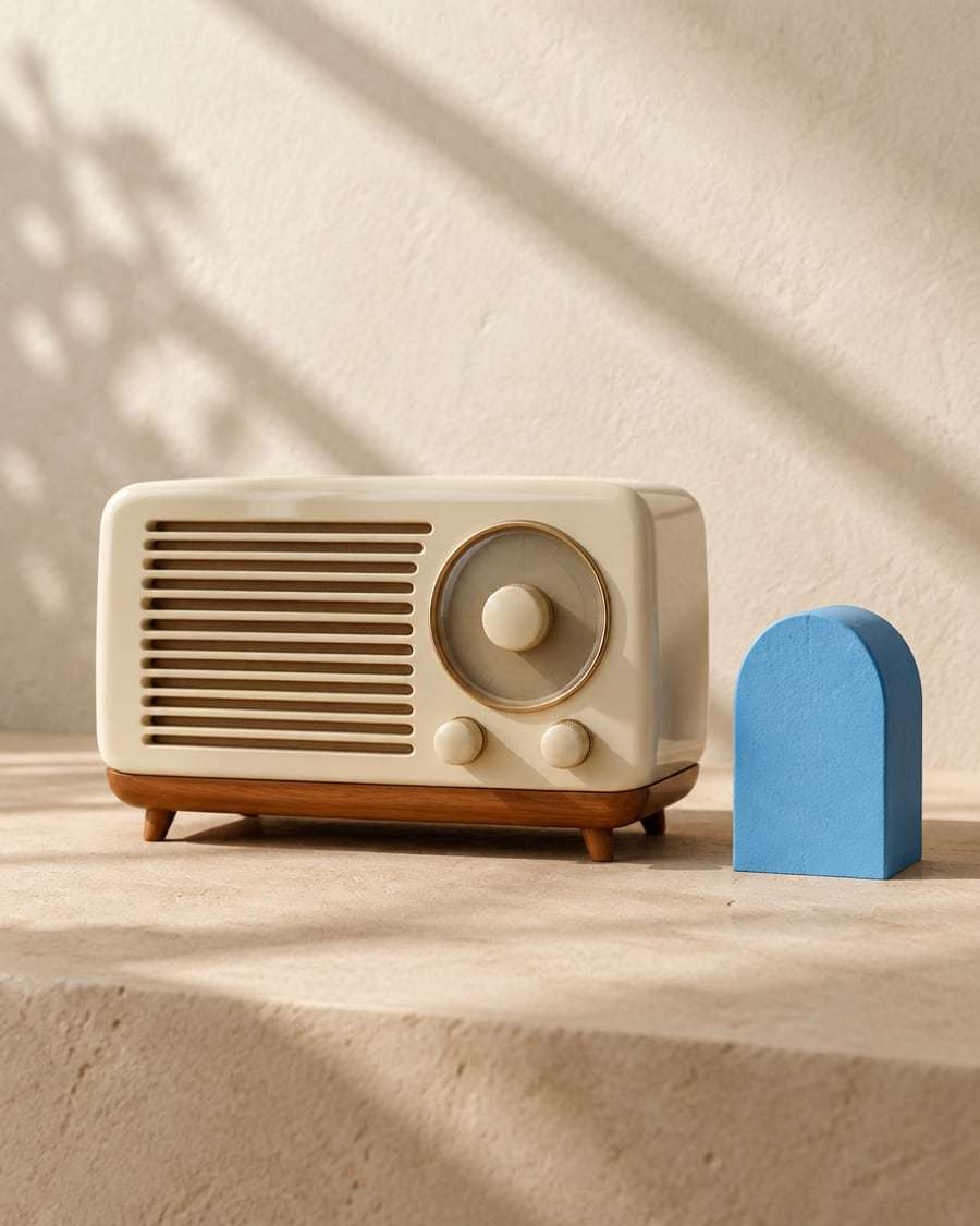 Radio de mesa de estilo antiguo, en crema y madera, junto a un bloque de yeso celeste sobre una superficie color arena