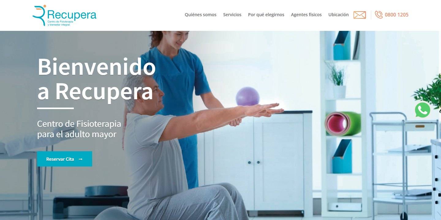 Captura del sitio web de Recupera, centro de fisioterapia y bienestar integral para el adulto mayor