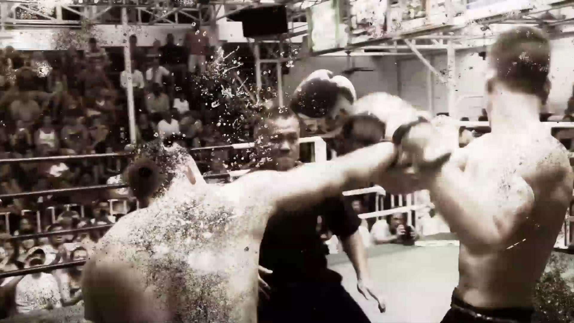Escena de pelea en un ring rodeado de público, con los luchadores trabados