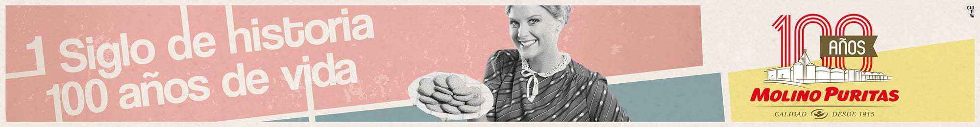 Diseño de lateral «1 siglo de historia, 100 años de vida», con una mujer de época y una bandeja de galletas sobre fondo rosa