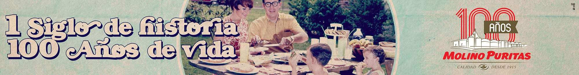 Diseño de lateral «1 siglo de historia, 100 años de vida», con una familia sentada a la mesa en una foto antigua sobre fondo verde agua