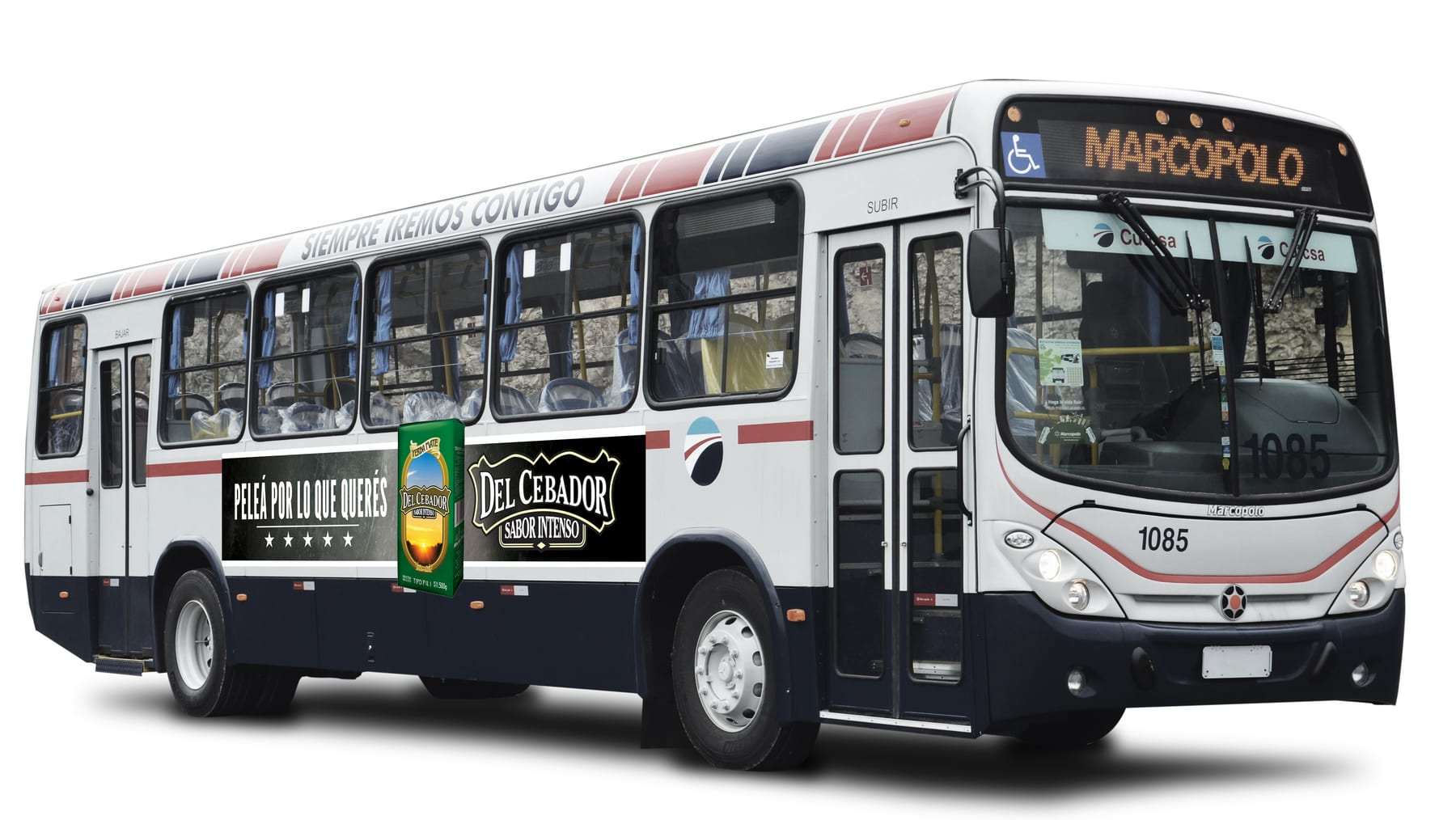 Ómnibus con un lateral «Peleá por lo que querés» de Del Cebador Sabor Intenso