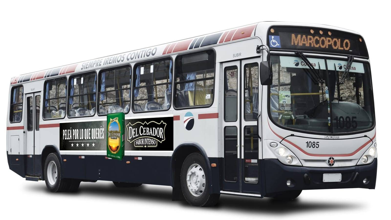 Ómnibus con un lateral «Peleá por lo que querés» de Del Cebador Sabor Intenso